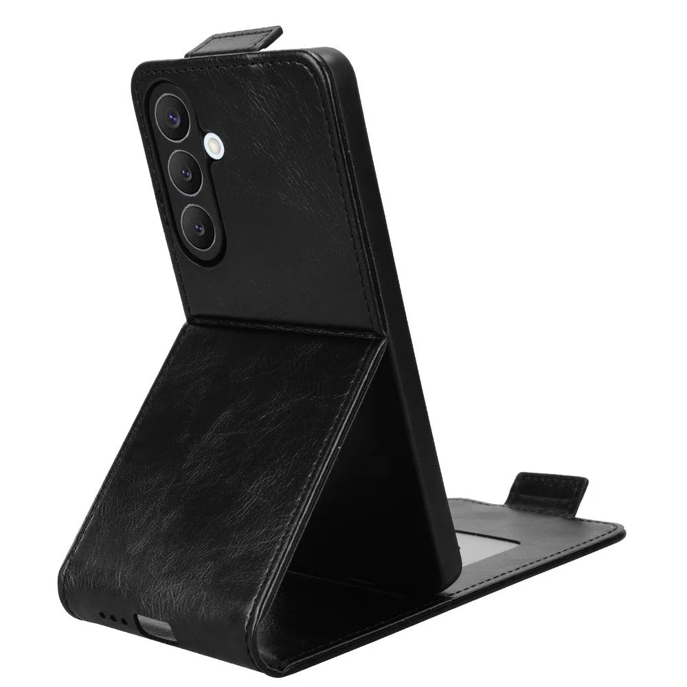 For Samsung Galaxy S26+ Stand Case Magnetic Clasp Vertical Flip Leather Phone Cover with Card Holder - Black - 3