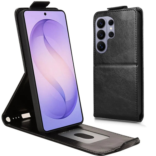 For Samsung Galaxy S26 Ultra Stand Case Magnetic Clasp Vertical Flip Leather Phone Cover with Card Holder - Black - 1