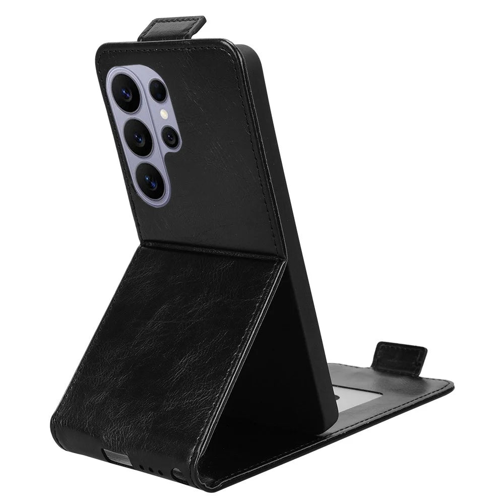 For Samsung Galaxy S26 Ultra Stand Case Magnetic Clasp Vertical Flip Leather Phone Cover with Card Holder - Black - 3