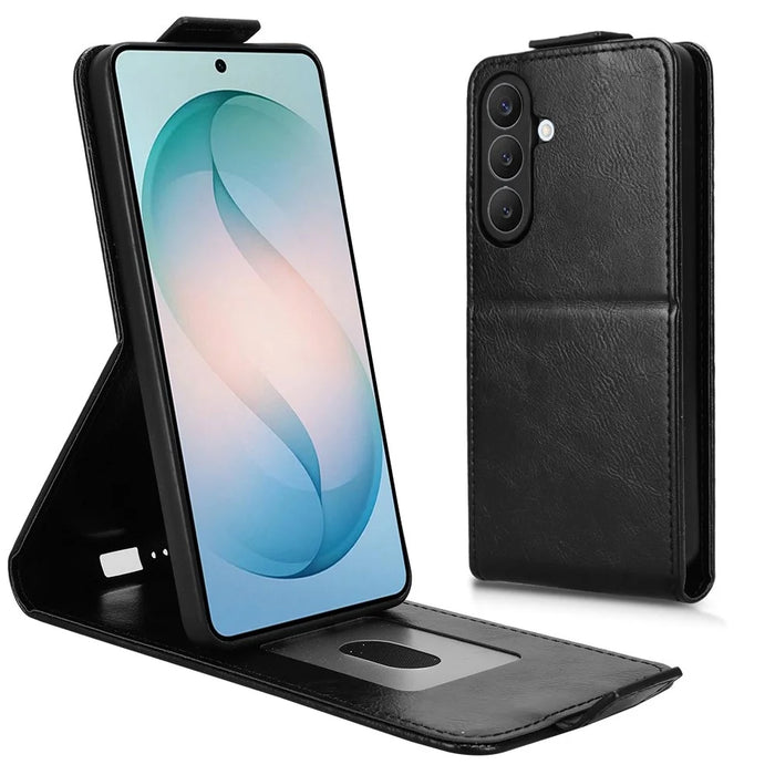 For Samsung Galaxy S26 Stand Case Magnetic Clasp Vertical Flip Leather Phone Cover with Card Holder - Black - 1