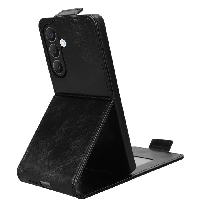For Samsung Galaxy S26 Stand Case Magnetic Clasp Vertical Flip Leather Phone Cover with Card Holder - Black - 3