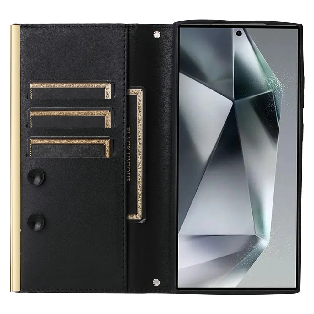 For Samsung Galaxy S26 Ultra Case Suction Cup PU Leather Wallet Phone Cover with Straps - Black - 2