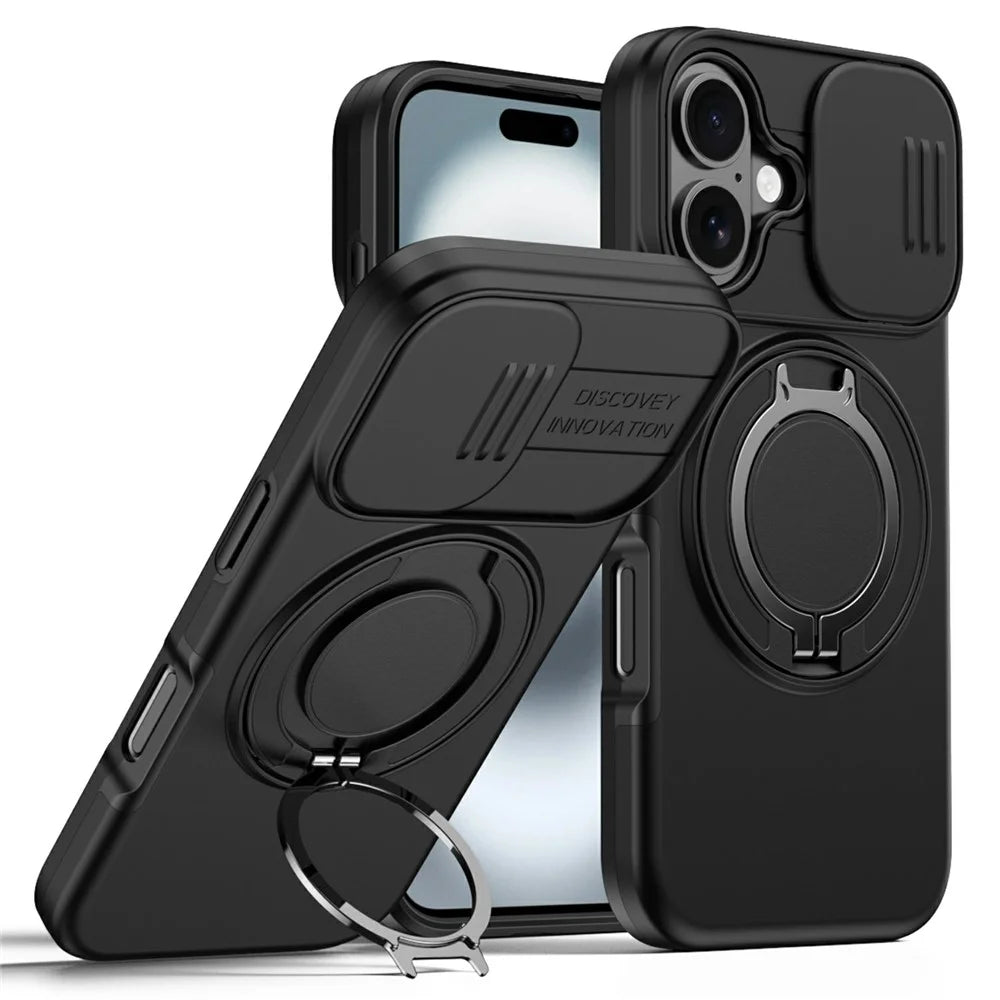 For iPhone 17 Case Magnetic Case Ring Kickstand Slide Camera Cover TPU PC Hybrid Phone Shell - Black - 1