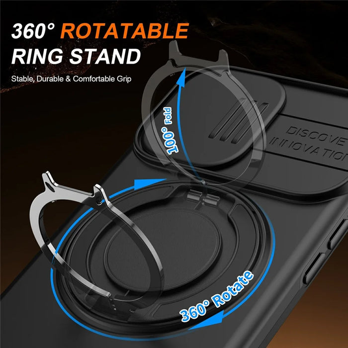 For iPhone 17 Case Magnetic Case Ring Kickstand Slide Camera Cover TPU PC Hybrid Phone Shell - Black - 2