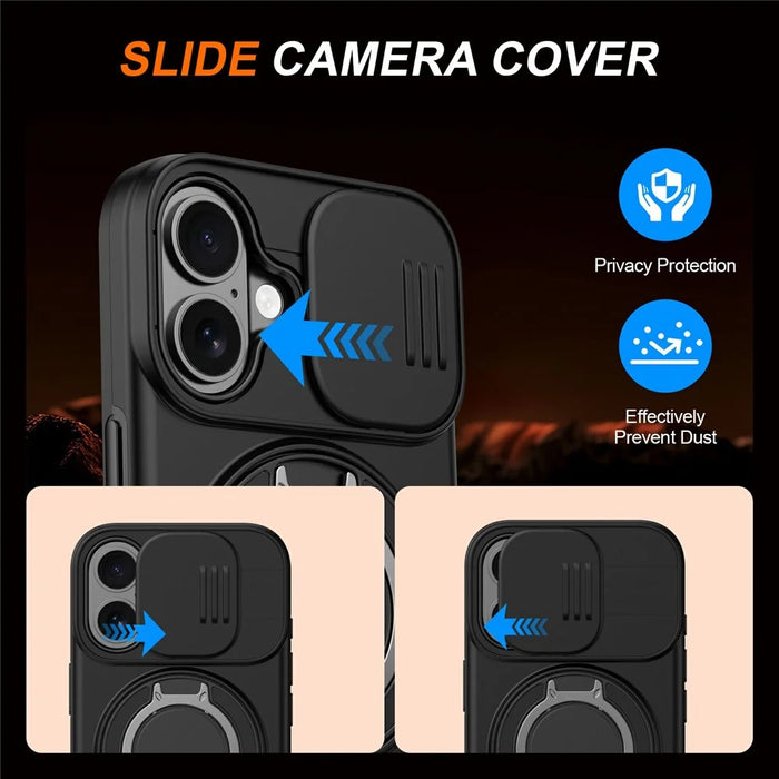 For iPhone 17 Case Magnetic Case Ring Kickstand Slide Camera Cover TPU PC Hybrid Phone Shell - Black - 4