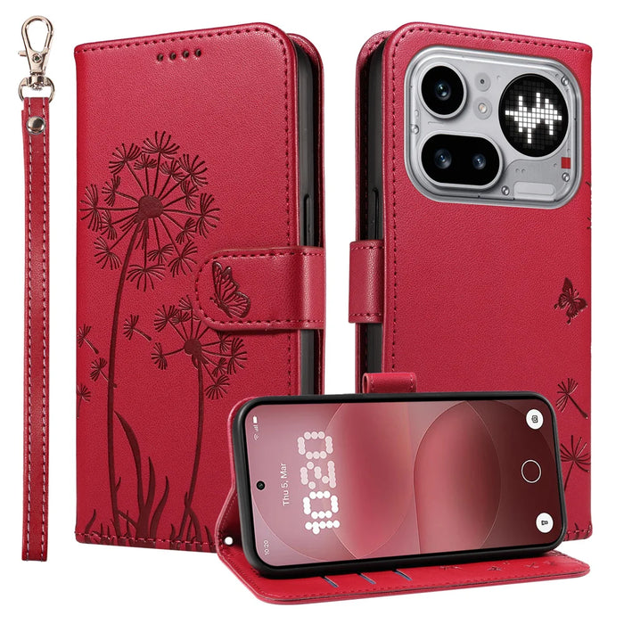 For Nothing Phone (4a) Pro Leather Wallet Case with Strap Dandelion Imprint Phone Stand Cover - Red - 1