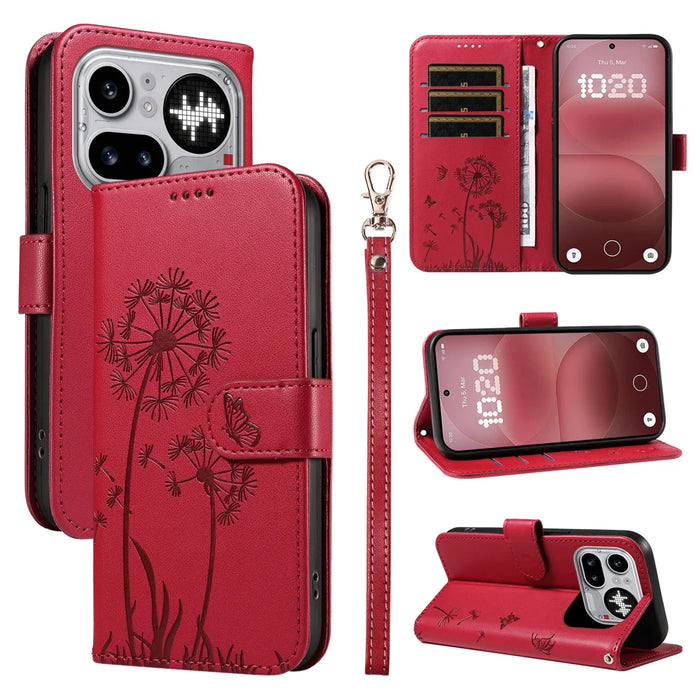 For Nothing Phone (4a) Pro Leather Wallet Case with Strap Dandelion Imprint Phone Stand Cover - Red - 2