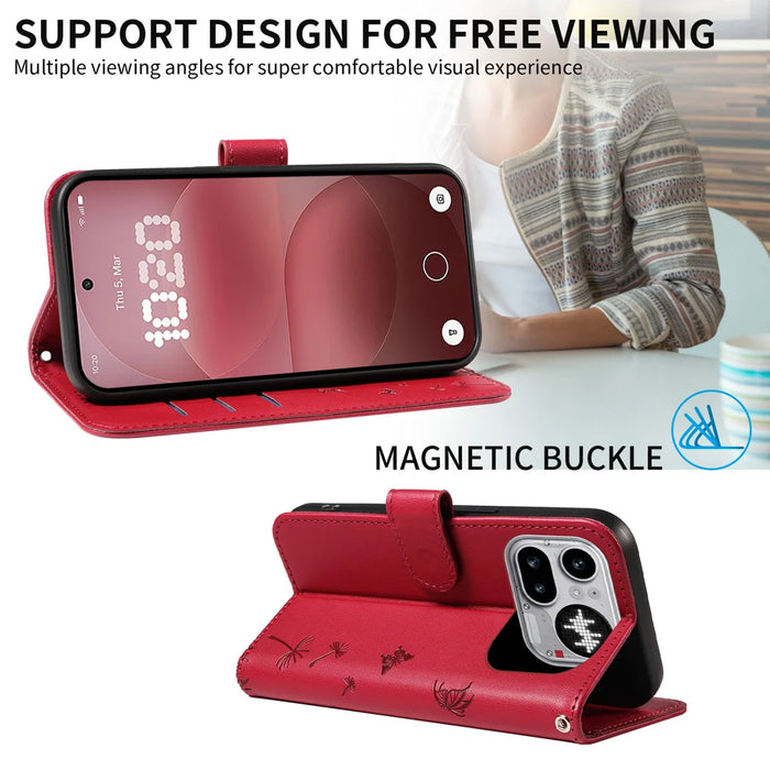 For Nothing Phone (4a) Pro Leather Wallet Case with Strap Dandelion Imprint Phone Stand Cover - Red - 3