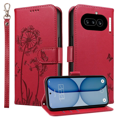 For Nothing Phone (4a) Leather Wallet Case with Strap Dandelion Imprint Phone Stand Cover - Red - 1