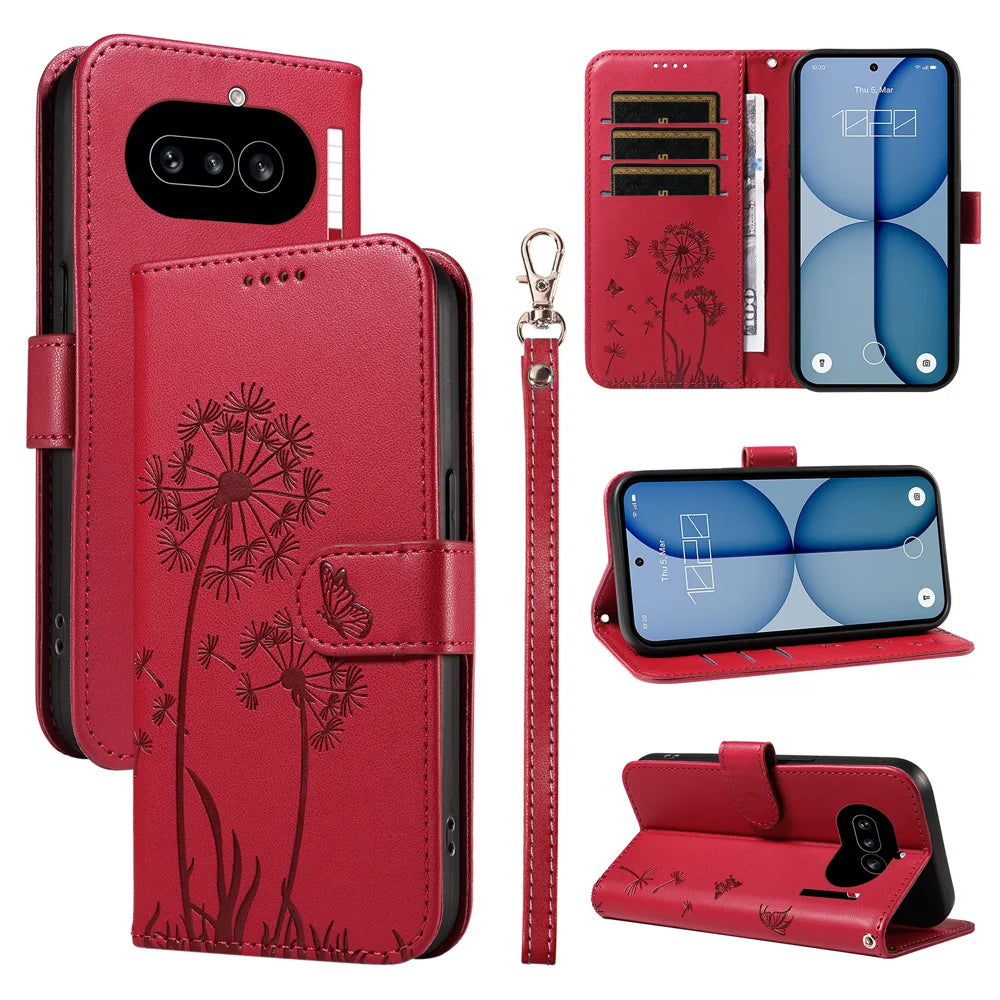 For Nothing Phone (4a) Leather Wallet Case with Strap Dandelion Imprint Phone Stand Cover - Red - 2