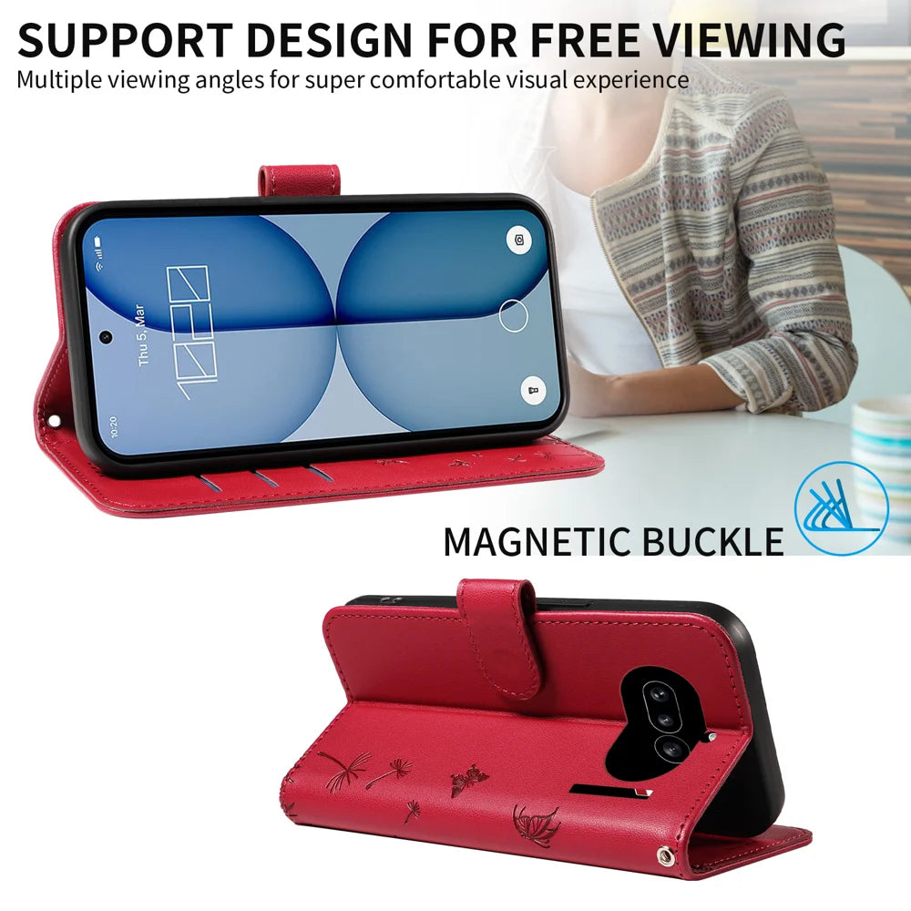 For Nothing Phone (4a) Leather Wallet Case with Strap Dandelion Imprint Phone Stand Cover - Red - 3