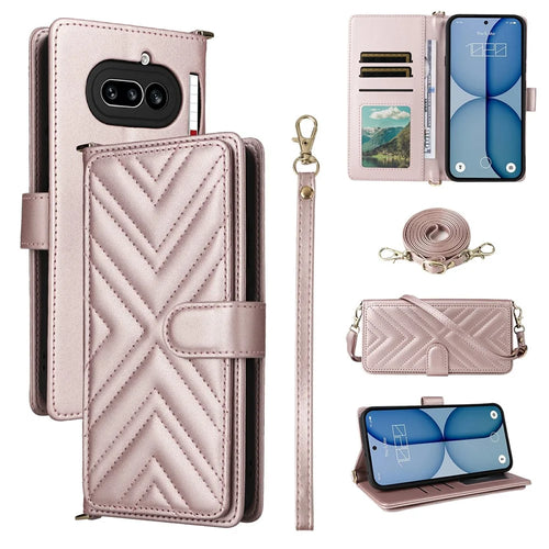 For Nothing Phone (4a) Leather Case Stand Wallet Phone Cover with Shoulder  /  Wrist Strap - Pink - 1