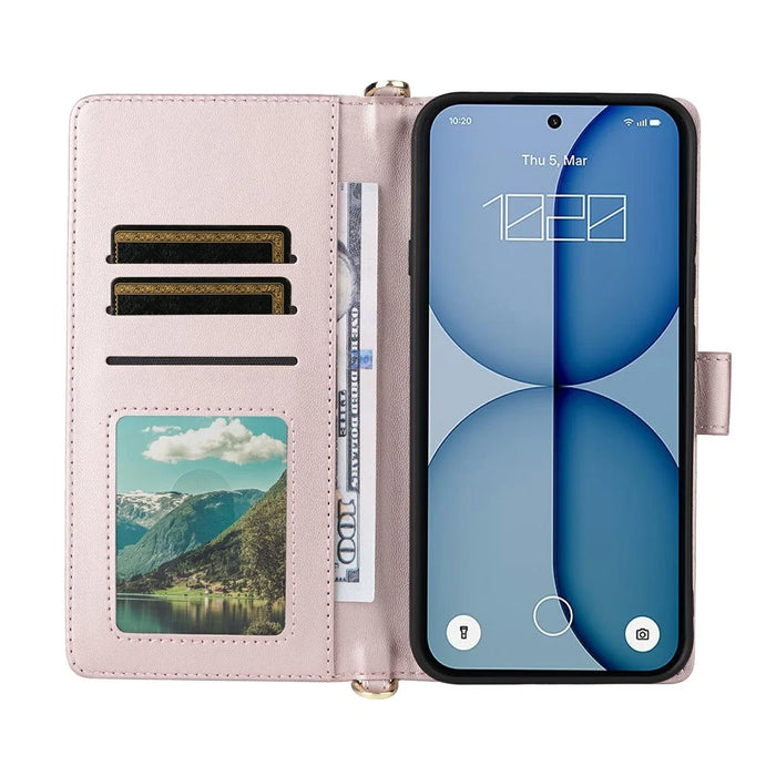 For Nothing Phone (4a) Leather Case Stand Wallet Phone Cover with Shoulder  /  Wrist Strap - Pink - 3