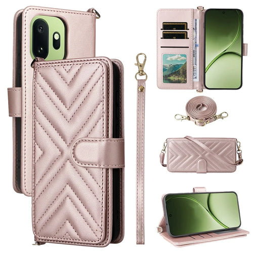 For OnePlus 15T 5G Leather Case Stand Wallet Phone Cover with Shoulder  /  Wrist Strap - Pink - 1