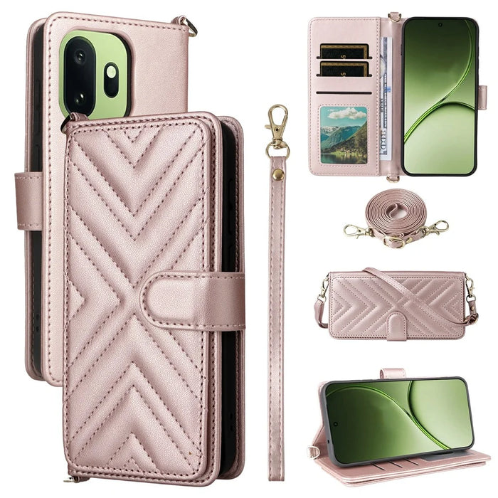 For OnePlus 15T 5G Leather Case Stand Wallet Phone Cover with Shoulder  /  Wrist Strap - Pink - 1