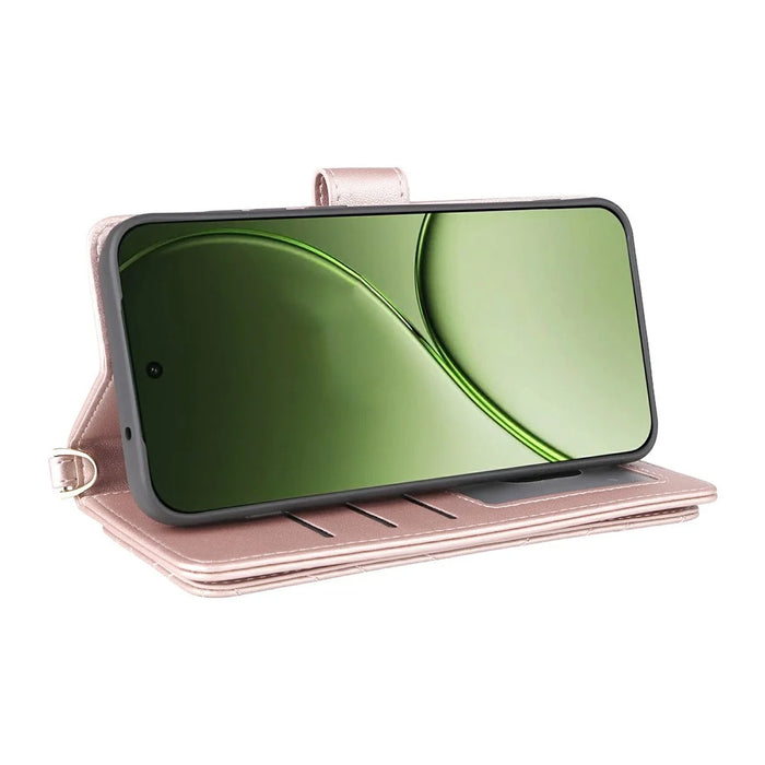 For OnePlus 15T 5G Leather Case Stand Wallet Phone Cover with Shoulder  /  Wrist Strap - Pink - 5