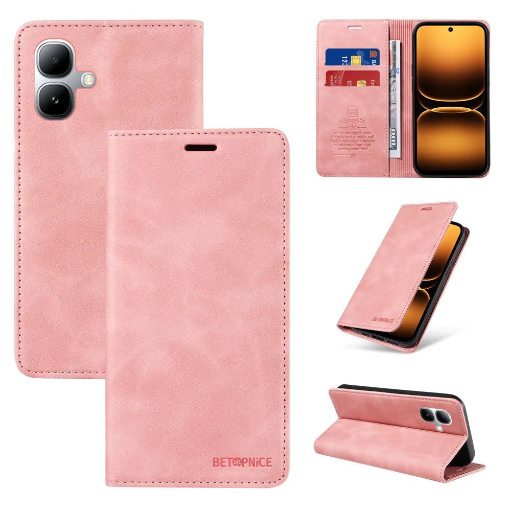 BETOPNICE For Infinix Smart 20 4G Case Magnetic Closure RFID Blocking Wallet Stand Leather Phone Cover - Pink - 3