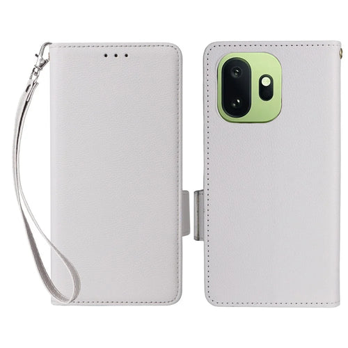 For OnePlus 15T 5G Case Litchi Texture Wallet Leather Phone Cover with Wrist Strap - White - 1