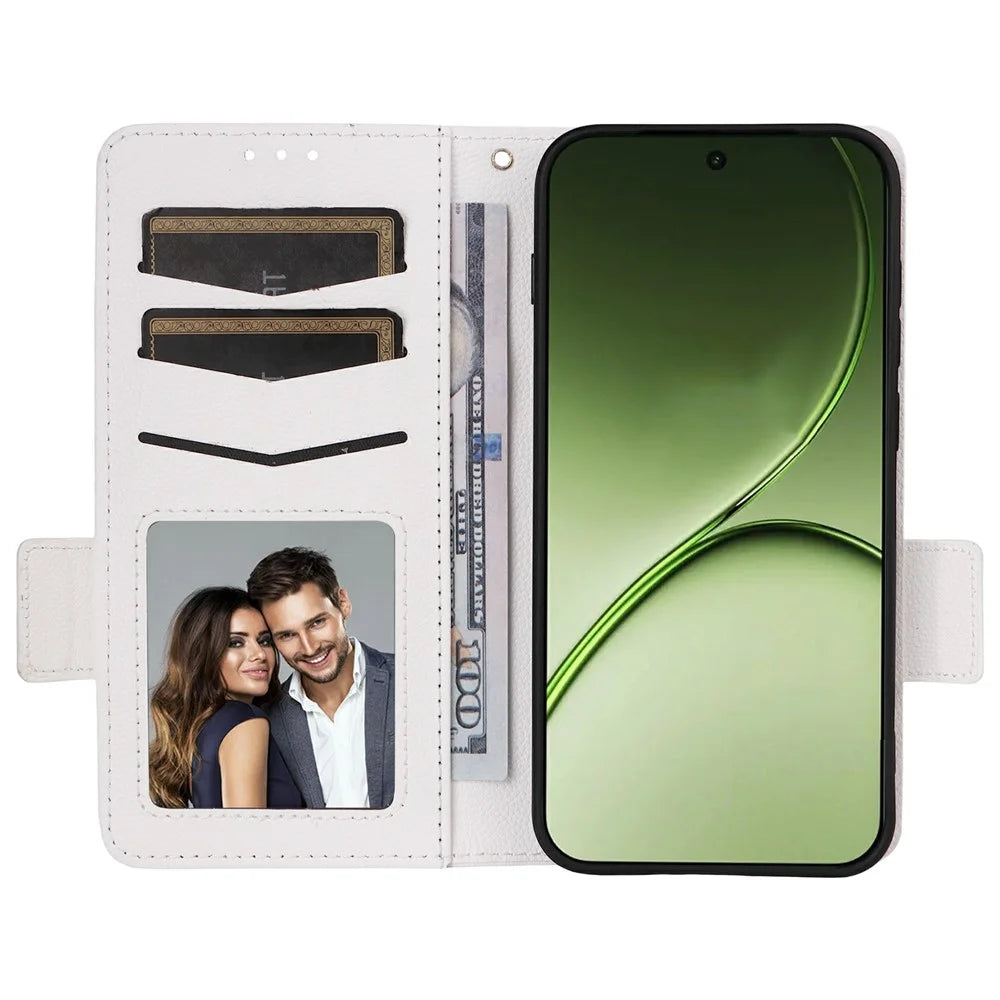 For OnePlus 15T 5G Case Litchi Texture Wallet Leather Phone Cover with Wrist Strap - White - 2