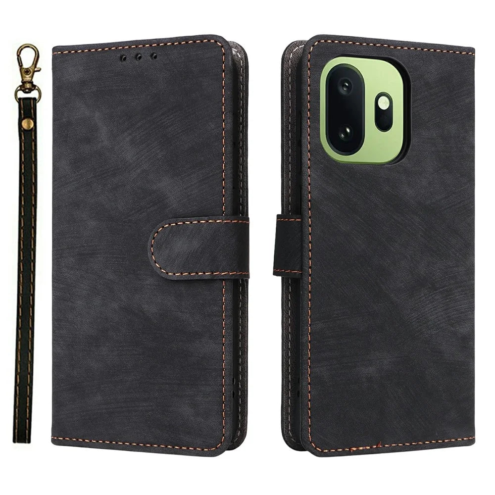 For OnePlus 15T 5G Case Wallet RFID Blocking PU Leather Phone Cover Stand with Strap - Black - 1