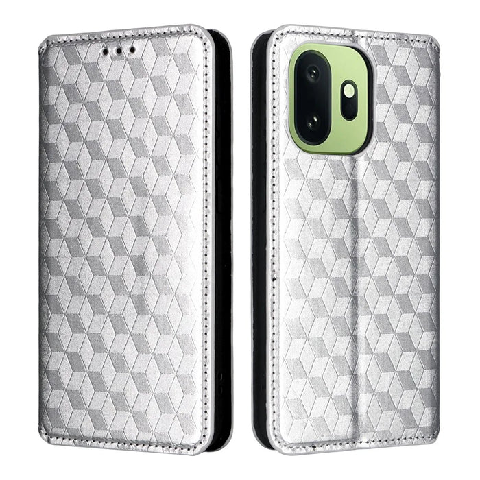 For OnePlus 15T 5G Case Wallet Rhombus Imprinted PU Leather Phone Cover - Silver - 1