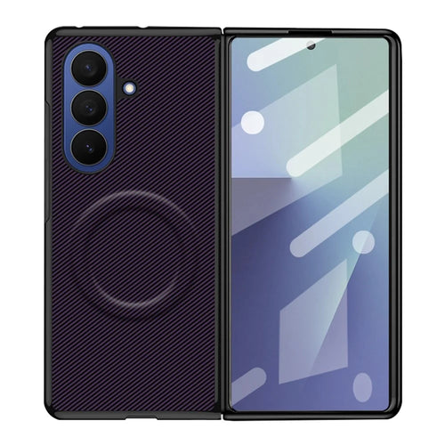 For Samsung Galaxy Z Fold7 5G Foldable Magnetic Case Aramid Fiber Texture PU Leather TPU PC Protective Cover - Purple - 1