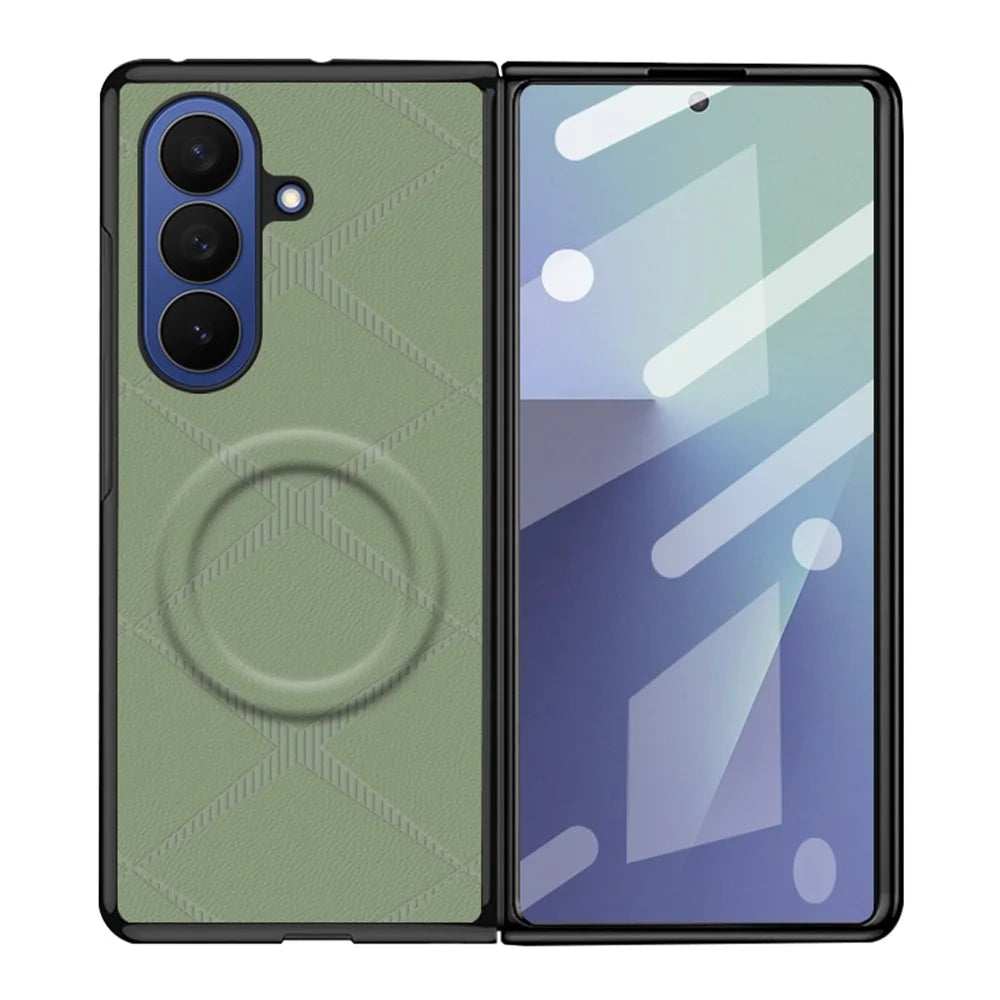 For Samsung Galaxy Z Fold7 5G Foldable Magnetic Case X-Patterned PU Leather PC Anti-Drop Phone Cover - Green - 1