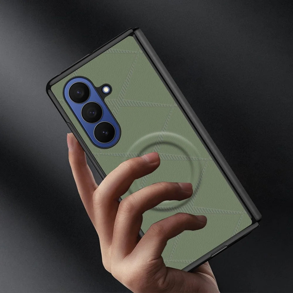For Samsung Galaxy Z Fold7 5G Foldable Magnetic Case X-Patterned PU Leather PC Anti-Drop Phone Cover - Green - 2