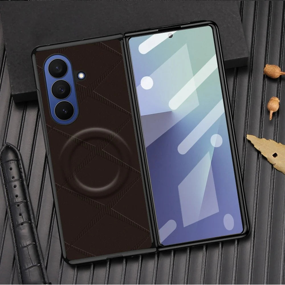 For Samsung Galaxy Z Fold7 5G Foldable Magnetic Case X-Patterned PU Leather PC Anti-Drop Phone Cover - Green - 3