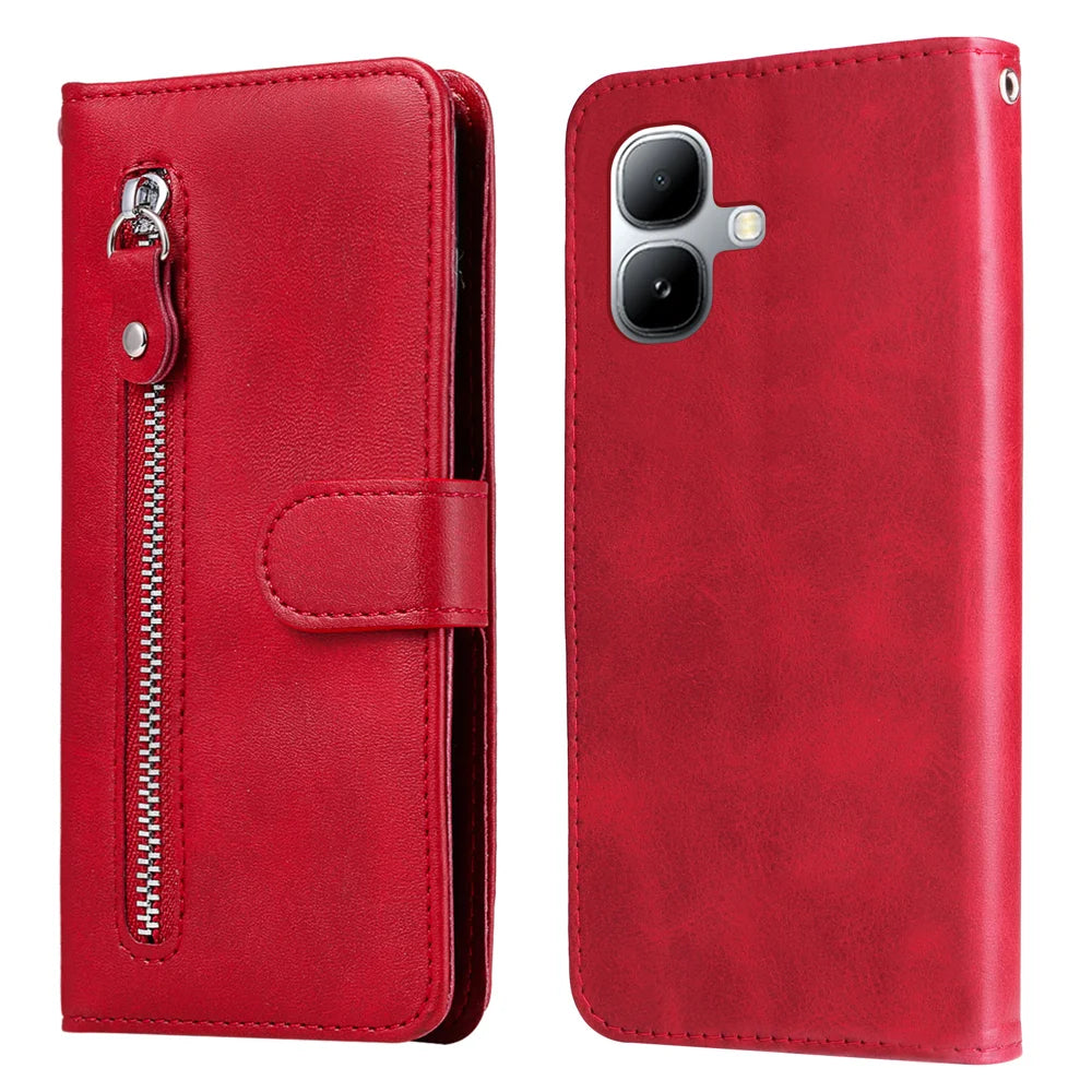 For Infinix Smart 20 4G PU Leather Cases with Zipper Pocket Wallet Phone Cover Stand - Red - 1