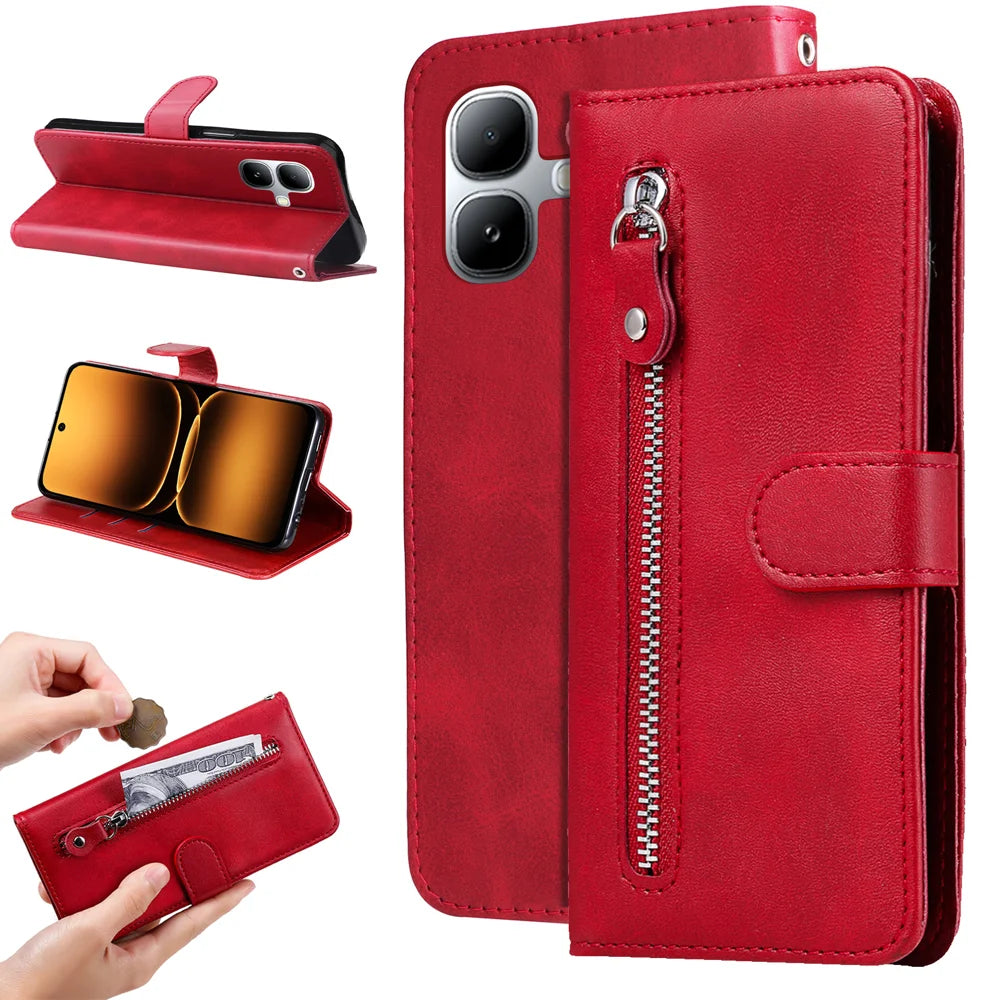 For Infinix Smart 20 4G PU Leather Cases with Zipper Pocket Wallet Phone Cover Stand - Red - 2