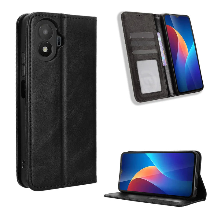 For TCL K70 SE 4G Leather Case Wallet Stand Retro Texture Phone Cover - Black - 1