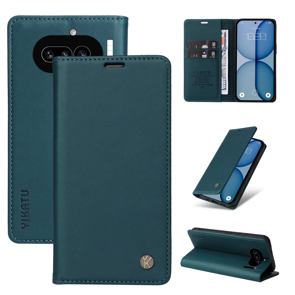 YIKATU For Nothing Phone (4a) YK-001 Phone Cases Magnetic Closure PU Leather Mobile Cover - Green - 3