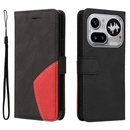 For Nothing Phone (4a) Pro Leather Phone Case Stand Wallet with Bi-colour Splicing Design - Black - 1