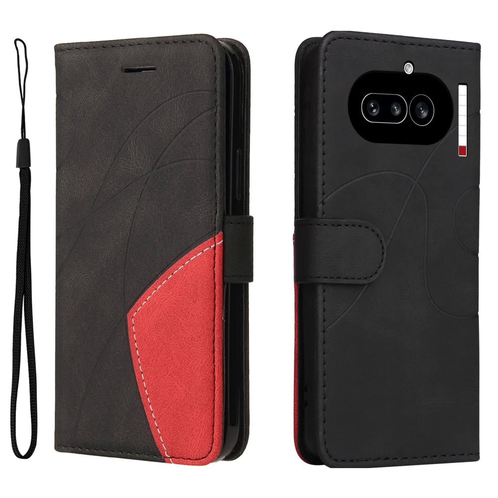 For Nothing Phone (4a) Leather Phone Case Stand Wallet with Bi-colour Splicing Design - Black - 1