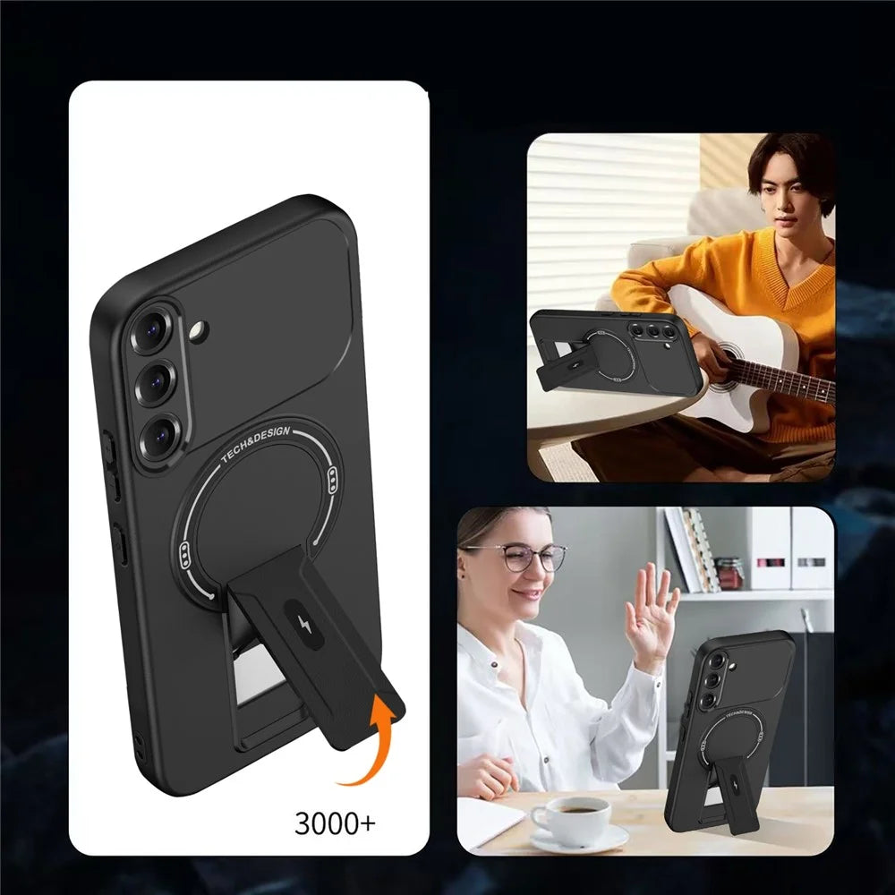 For Samsung Galaxy A37 5G Case Skin Touch Kickstand PC + TPU Phone Cover Support Magnetic Car Mount - Black - 2