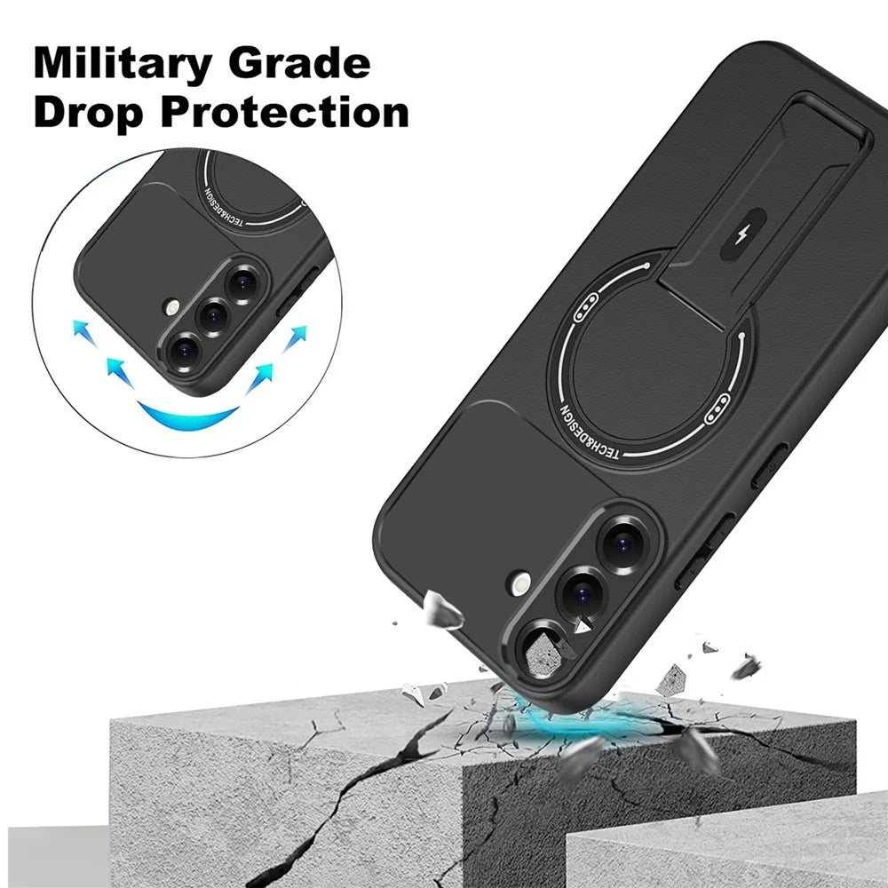 For Samsung Galaxy A37 5G Case Skin Touch Kickstand PC + TPU Phone Cover Support Magnetic Car Mount - Black - 5