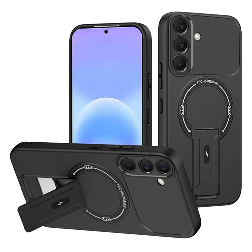 For Samsung Galaxy A57 5G Case Skin Touch Kickstand PC + TPU Phone Cover Support Magnetic Car Mount - Black - 1