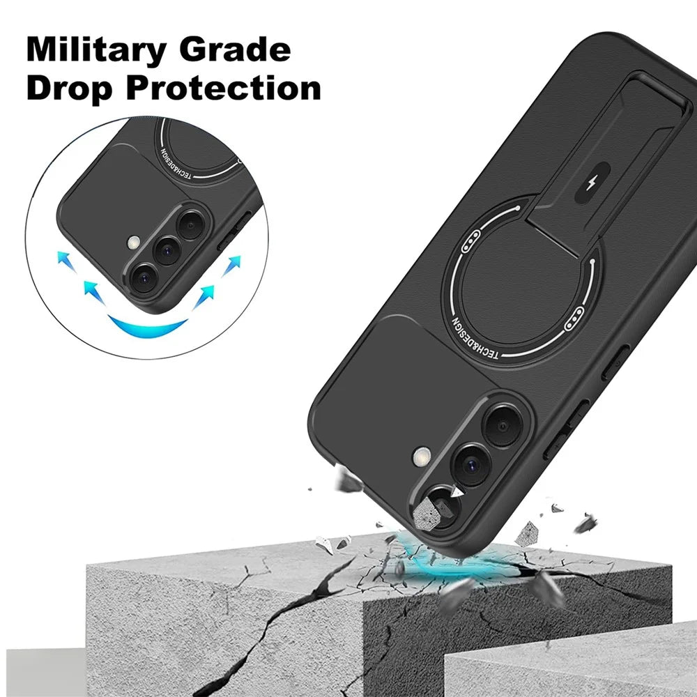 For Samsung Galaxy A57 5G Case Skin Touch Kickstand PC + TPU Phone Cover Support Magnetic Car Mount - Black - 5