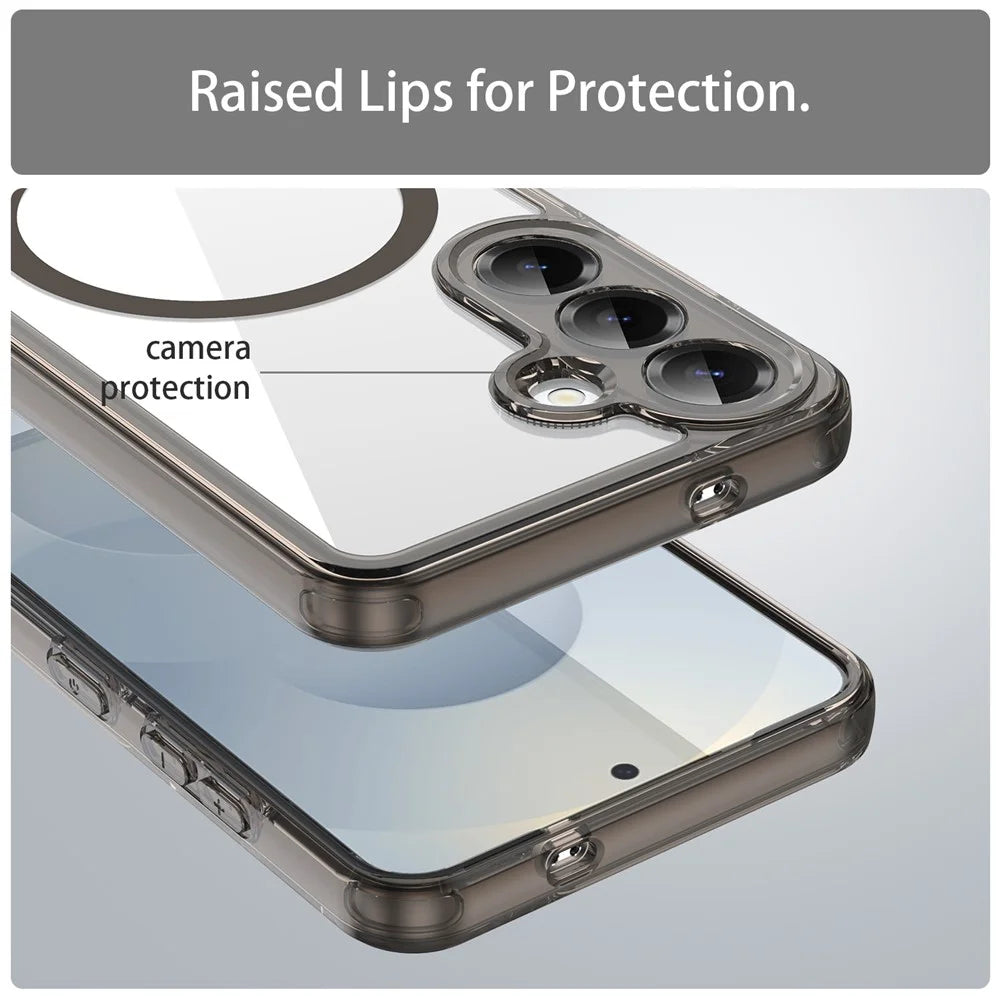 For Samsung Galaxy S25 Case Compatible with MagSafe Clear PC + TPU Shockproof Phone Back Cover - Transparent Black - 6