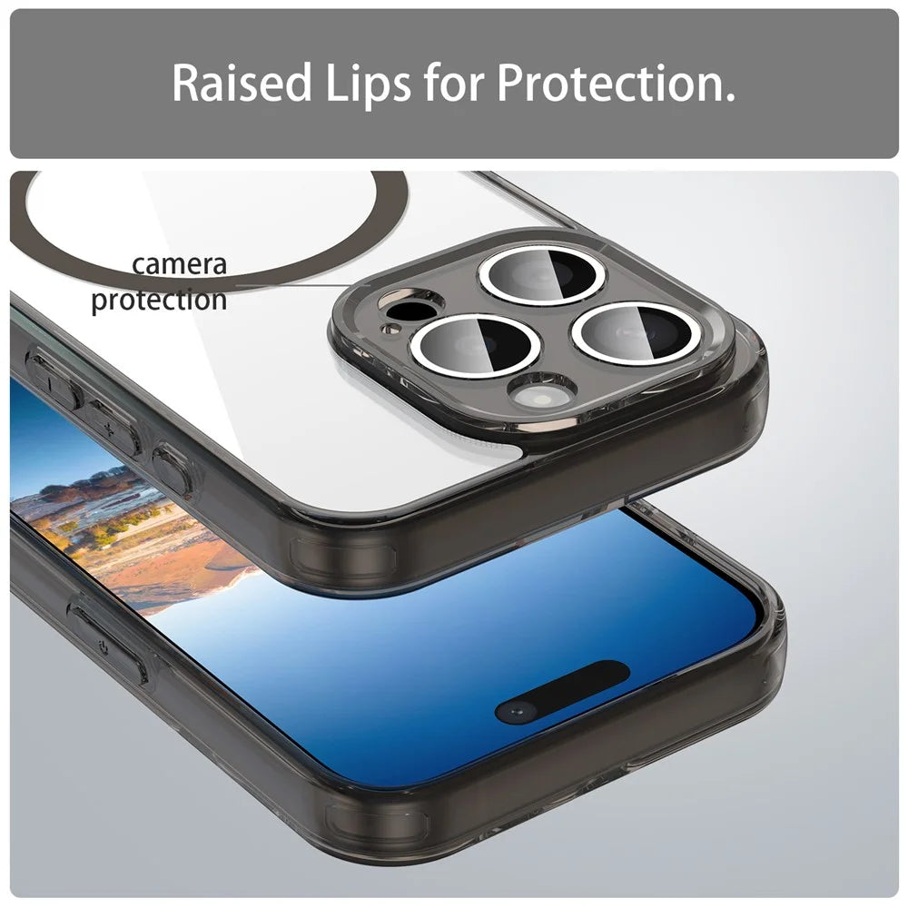 For iPhone 15 Pro Case Compatible with MagSafe Clear PC + TPU Shockproof Phone Back Cover - Transparent Black - 6