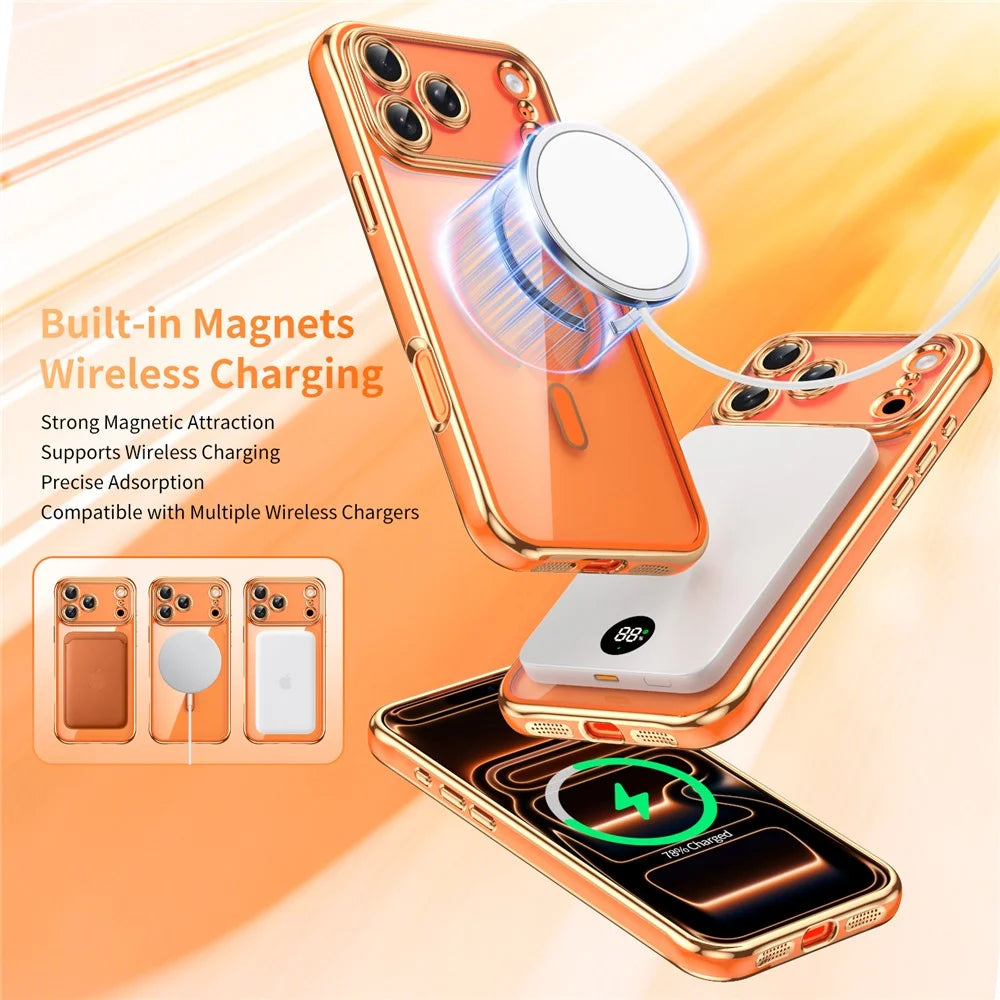 For iPhone  18 Pro / 17  Pro Magnetic Case Electroplated 2.0mm Acrylic TPU Phone Back Cover Compatible with MagSafe - Orange - 2
