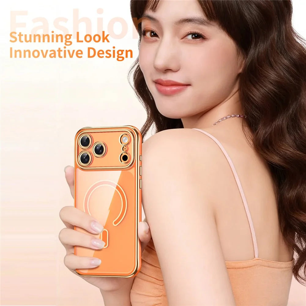 For iPhone  18 Pro / 17  Pro Magnetic Case Electroplated 2.0mm Acrylic TPU Phone Back Cover Compatible with MagSafe - Orange - 3