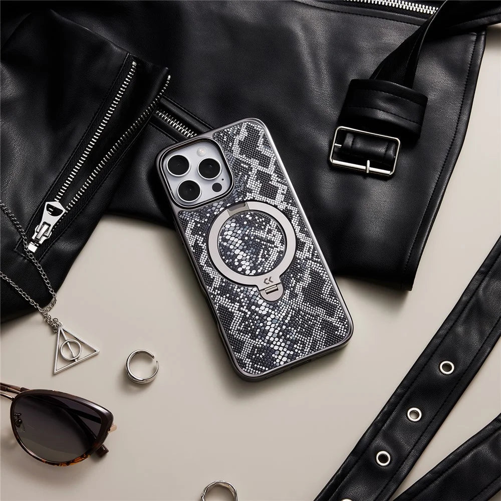 CASEKOO for iPhone 16 Pro Max Magnetic Case Ring Kickstand Shockproof PC + TPU Phone Cover - Snake Texture - 4