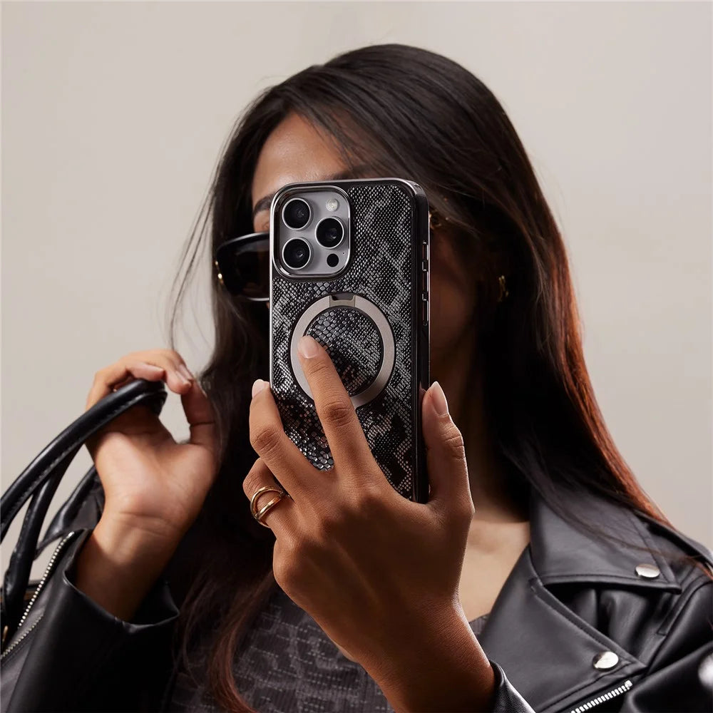 CASEKOO for iPhone 16 Pro Max Magnetic Case Ring Kickstand Shockproof PC + TPU Phone Cover - Snake Texture - 5