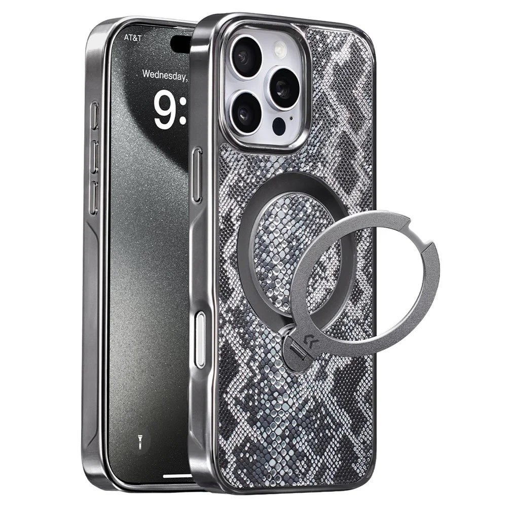 CASEKOO for iPhone 16 Pro Magnetic Case Ring Kickstand Shockproof PC + TPU Phone Cover - Snake Texture - 1