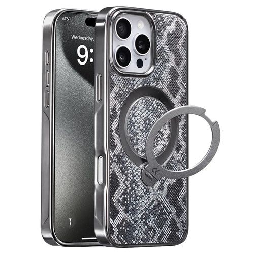 CASEKOO for iPhone 16 Pro Magnetic Case Ring Kickstand Shockproof PC + TPU Phone Cover - Snake Texture - 1