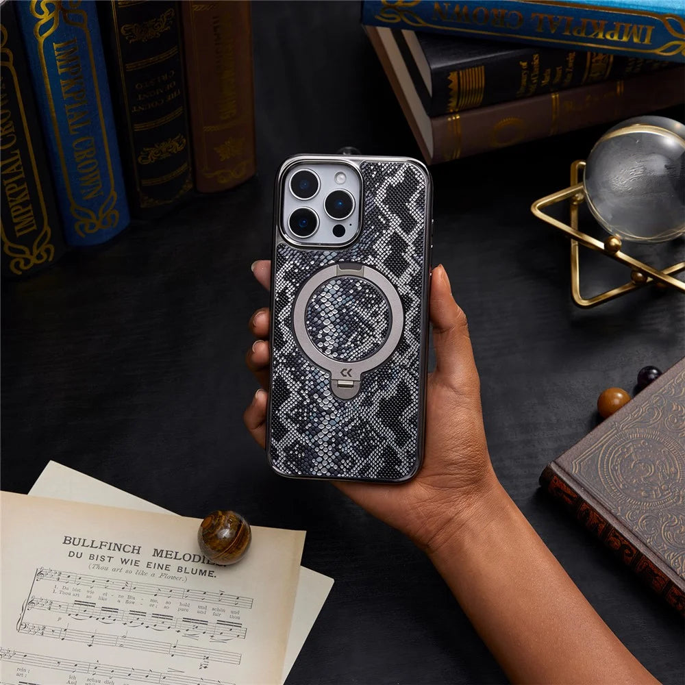 CASEKOO for iPhone 16 Pro Magnetic Case Ring Kickstand Shockproof PC + TPU Phone Cover - Snake Texture - 6