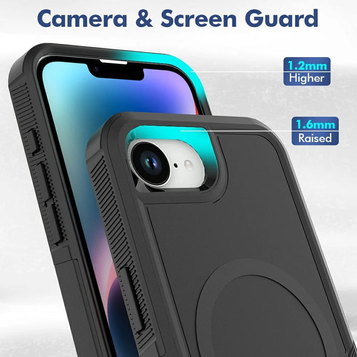 Magnetic Phone Case For iPhone 17e  /  16e Shockproof PC + TPU Cover with High-Alumina Tempered Glass Screen Protector - Black - 3