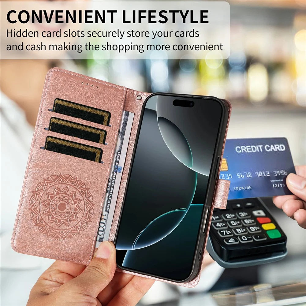 For iPhone 18 Pro / 17 Pro Wallet Case Embossed Mandala Pattern PU Leather + TPU Cover with Wrist Strap - Rose Gold - 5